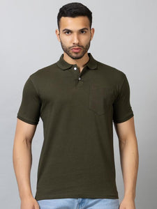 Bottle Green Collar T-Shirt With Pocket